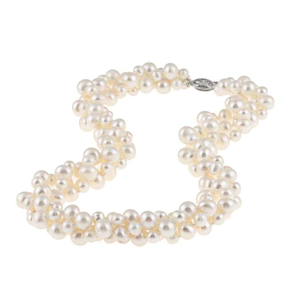 DaVonna Sterling Silver 4 -8 mm White Freshwater Pearl 3-row Twisted Necklace 18"