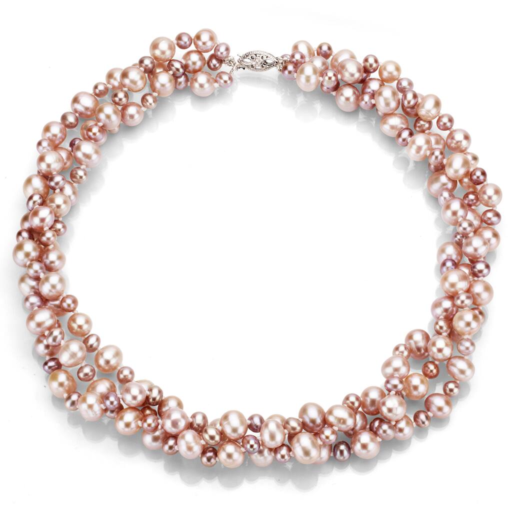 DaVonna Sterling Silver Pink Freshwater Pearl 3-row Twisted Necklace (4-5 mm, 7-8 mm)