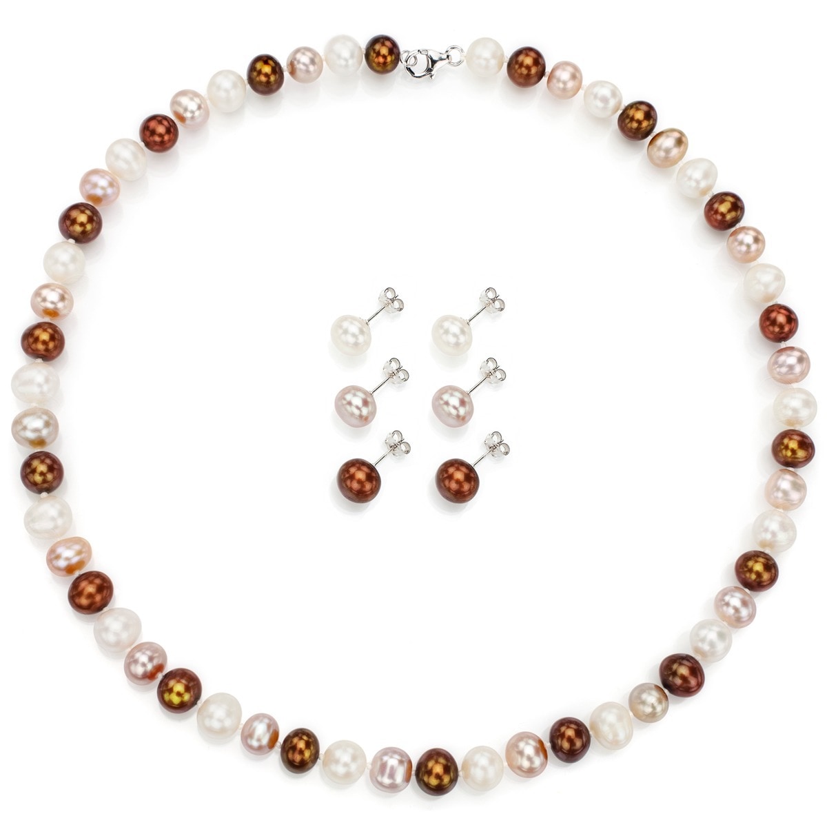 DaVonna Sterling Silver 8-9 mm Multicolor Freshwater Pearl Necklace and 3-pair Earrings Set