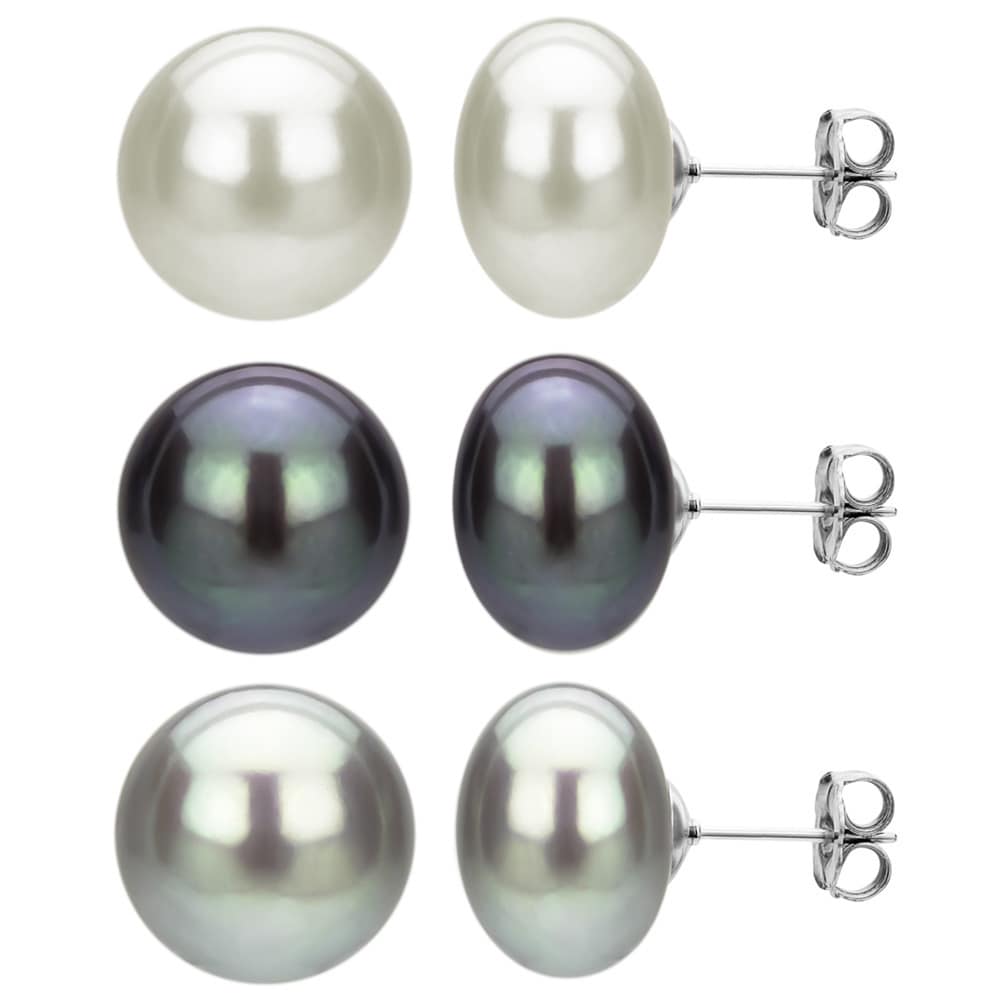 DaVonna Silver Black Grey and White FW Pearl Stud Earrings Set (8 9 mm