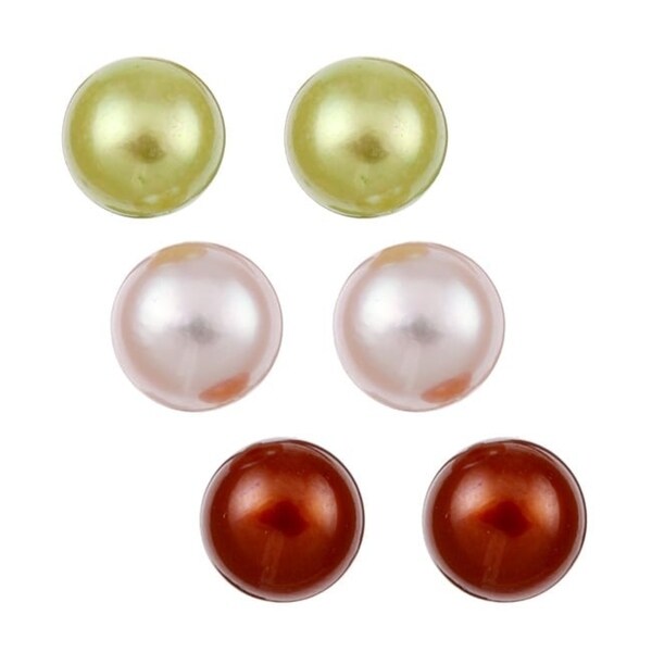 DaVonna Silver Pink Brown and Green FW Pearl Stud Earrings Set (8-9 mm)