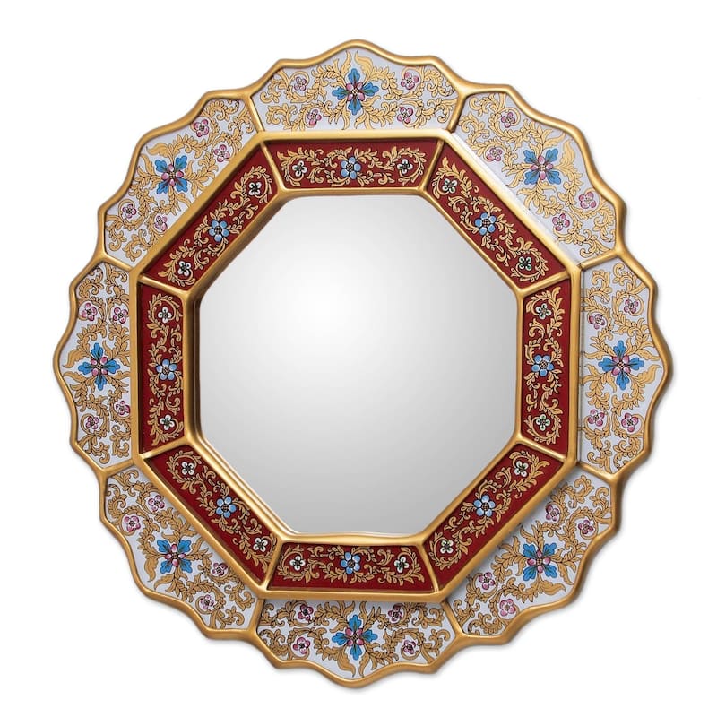 Handmade White Star Reverse Painted Glass Wood Mirror (Peru) - Gold - Gold