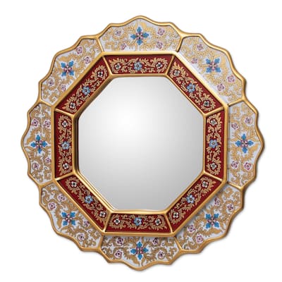 Handmade White Star Reverse Painted Glass Wood Mirror (Peru) - Gold