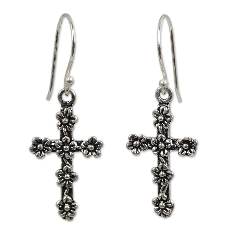 Handmade Sterling Silver Blooms and Crosses Earrings (Thailand) - White