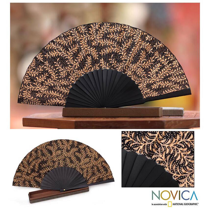 Handmade Ebony Fern Silk Batik Fan (Indonesia)