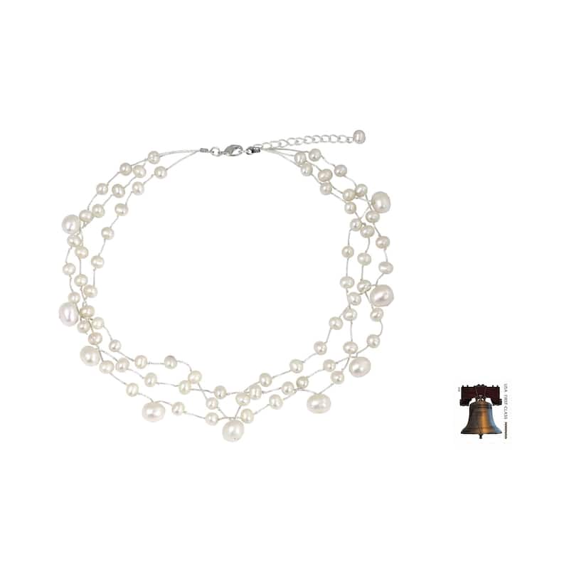 Handmade Stainless Steel Moonlight Glow Pearl Choker Necklace (Thailand) - 7'6" x 9'6" - 7'6" x 9'6"