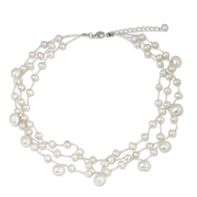 Handmade Stainless Steel Moonlight Glow Pearl Choker Necklace (Thailand) - 7'6" x 9'6" - 7'6" x 9'6"