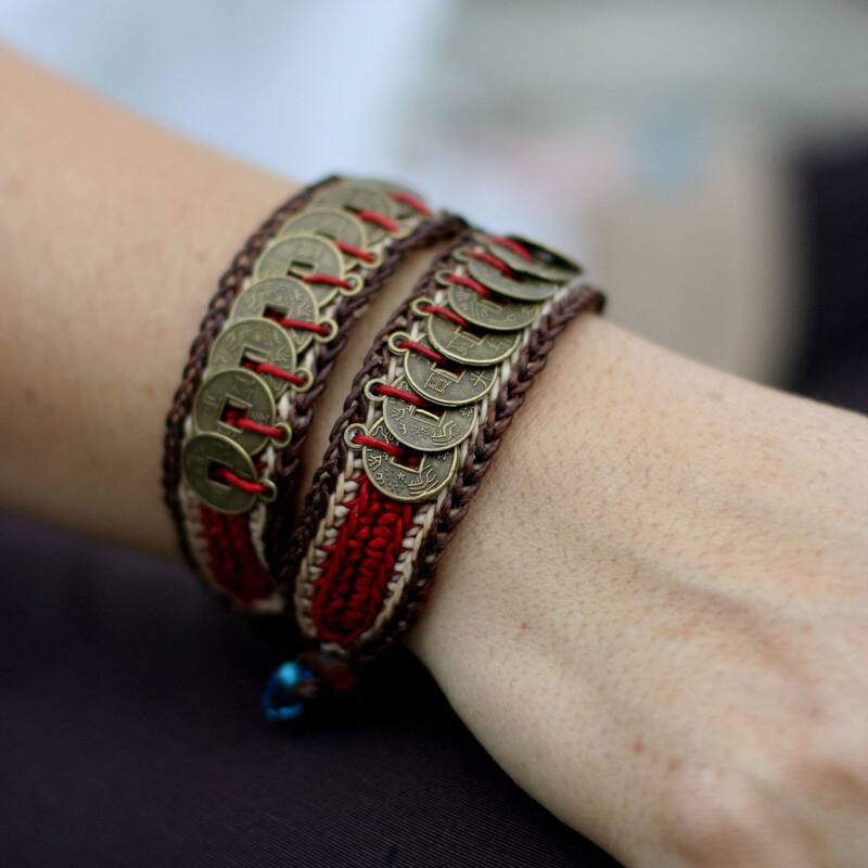 Handmade Good Luck Brass Coins Wristband Bracelets (Thailand)