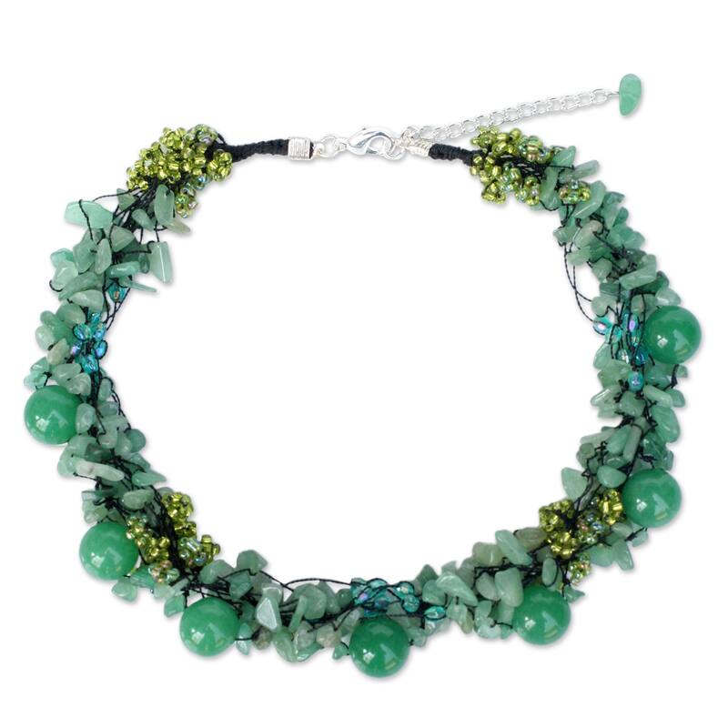 Gushing Green Dyed Quartzite Multi Shape Gemstones with Glass Accent Beads 925 Sterling Silver Womens Bead Necklace (Thailand)