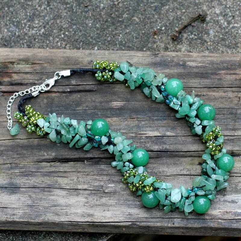 Gushing Green Dyed Quartzite Multi Shape Gemstones with Glass Accent Beads 925 Sterling Silver Womens Bead Necklace (Thailand)
