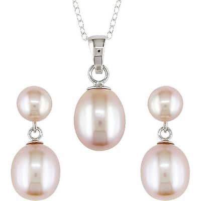 Miadora Sterling Silver Pink Pearl Earring and Necklace Set