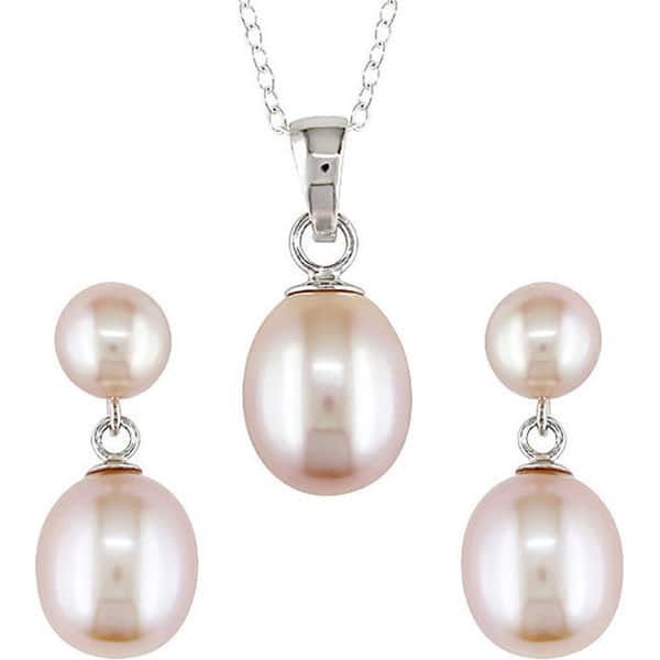 Miadora Sterling Silver Pink Pearl Earring and Necklace Set
