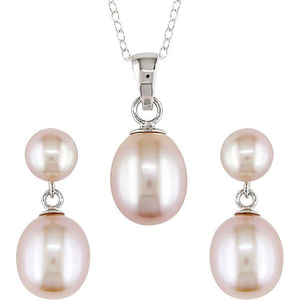 Miadora Sterling Silver Pink Pearl Earring and Necklace Set