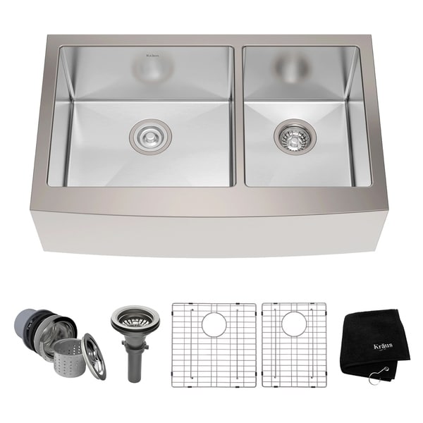 KRAUS 33 Inch Farmhouse Double Bowl Stainless Steel Kitchen Sink with NoiseDefend Soundproofing