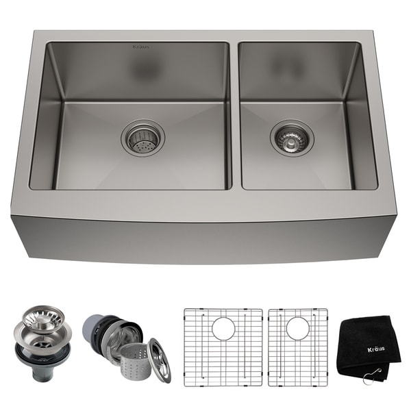 Kraus KHF203-36 Standart PRO Farmhouse Apron 33-inch 16 gauge 60/40 Double Bowl Satin Stainless Steel Kitchen Sink