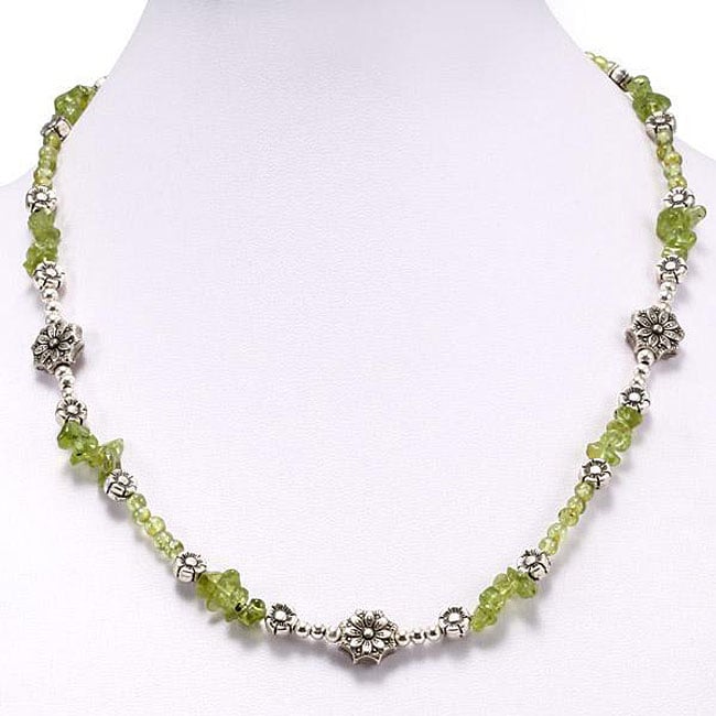Shop Handmade Silver Peridot with Floral Bead Necklace (Thailand