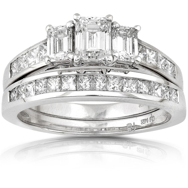 Annello 14k Gold 2ct TDW Emerald-cut Three Stone Diamond Bridal Ring Set