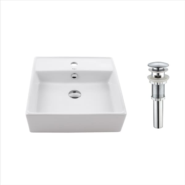 Kraus KCV-150 Elavo 18-1/2 Inch Square Vessel Porcelain Ceramic Vitreous Bathroom Sink in White, Overflow Drain optional