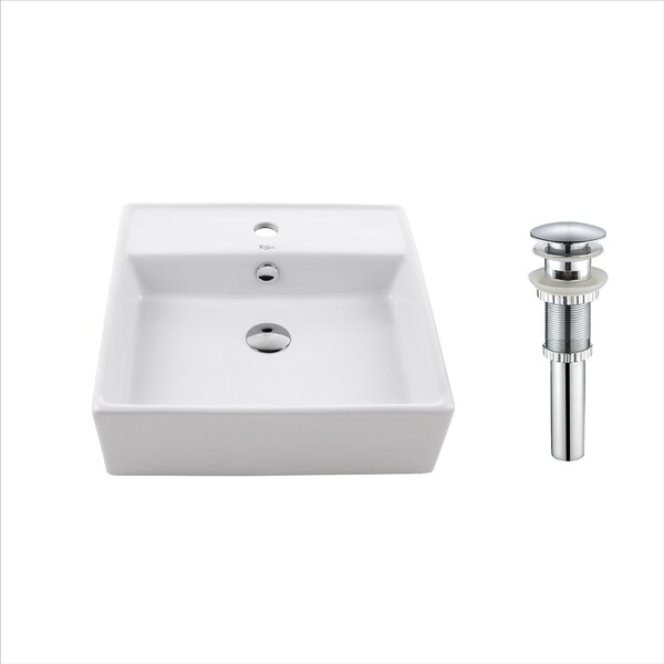 Kraus KCV-150 Elavo 18-1/2 Inch Square Vessel Porcelain Ceramic Vitreous Bathroom Sink in White w Overflow Drain Chrome