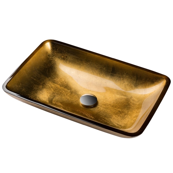 KRAUS GVR-210-RE Golden Pearl 22 Inch Rectangular Glass Vessel Bathroom Sink in Gold, Pop Up Drain option