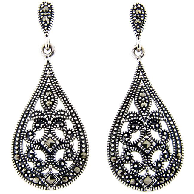 Dolce Giavonna Sterling Silver Marcasite Filigree Design Art Deco Teardrop Earrings