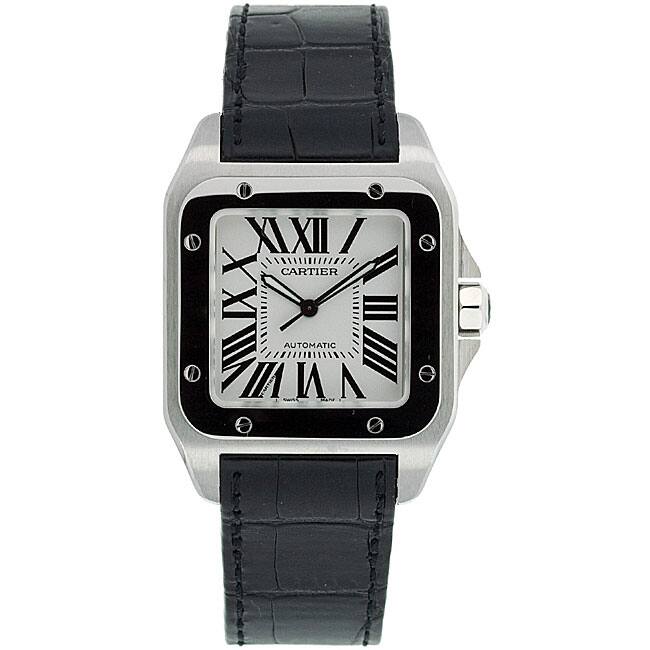Cartier Men's Santos Black Leather Strap Watch