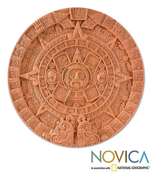 Handmade Ceramic 'Aztec Sun Stone in Terracotta' Plaque (Mexico)