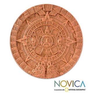 Handmade Ceramic 'Aztec Sun Stone in Terracotta' Plaque (Mexico)
