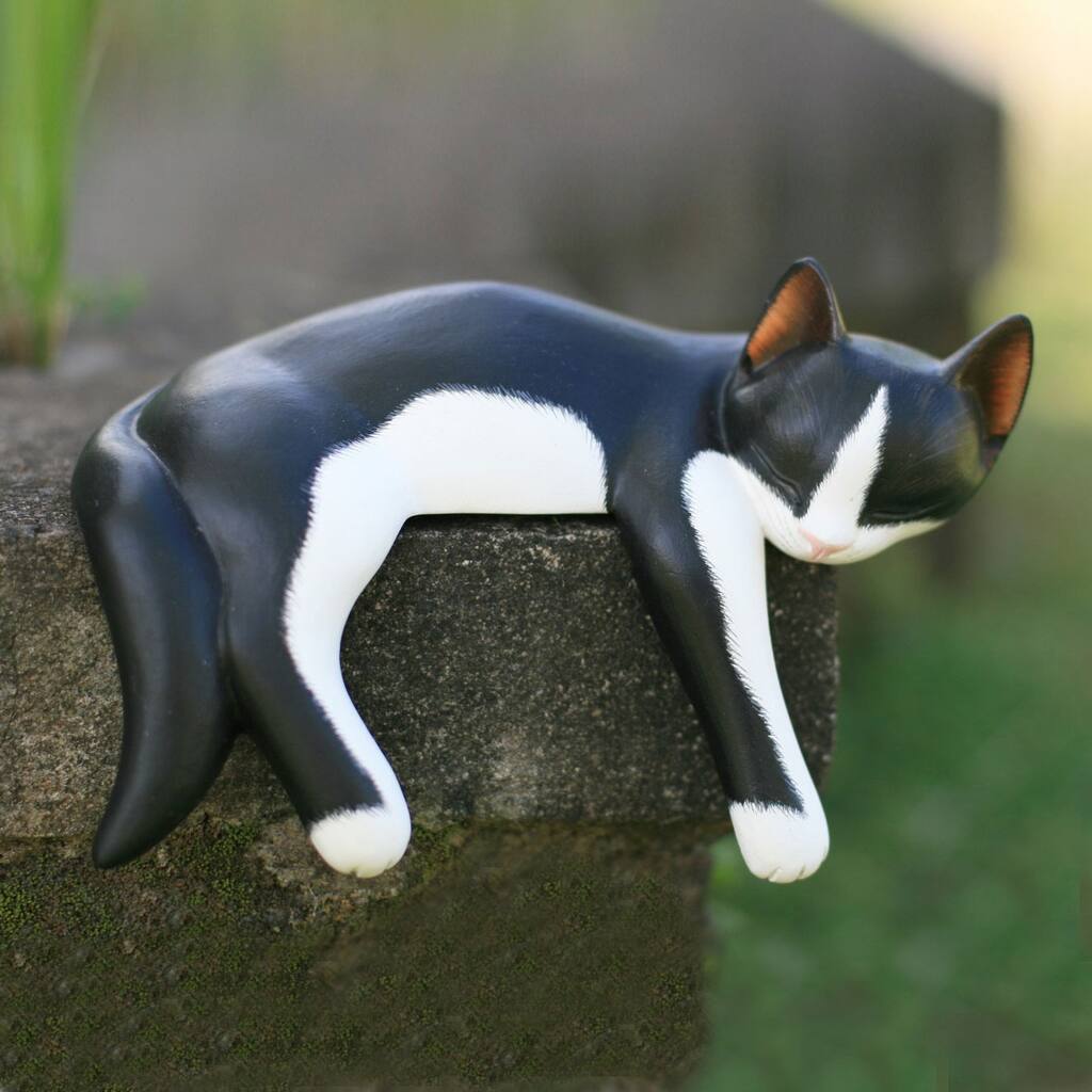 Handmade Wood Snoozing Tuxedo Cat Statuette (Indonesia)