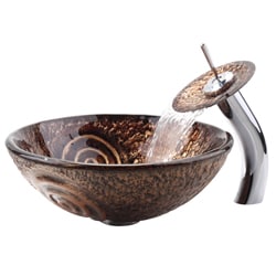 Kraus Luna Glass Vessel Sink In Brown With Single Hole Single Handle Waterfall Faucet In Chrome