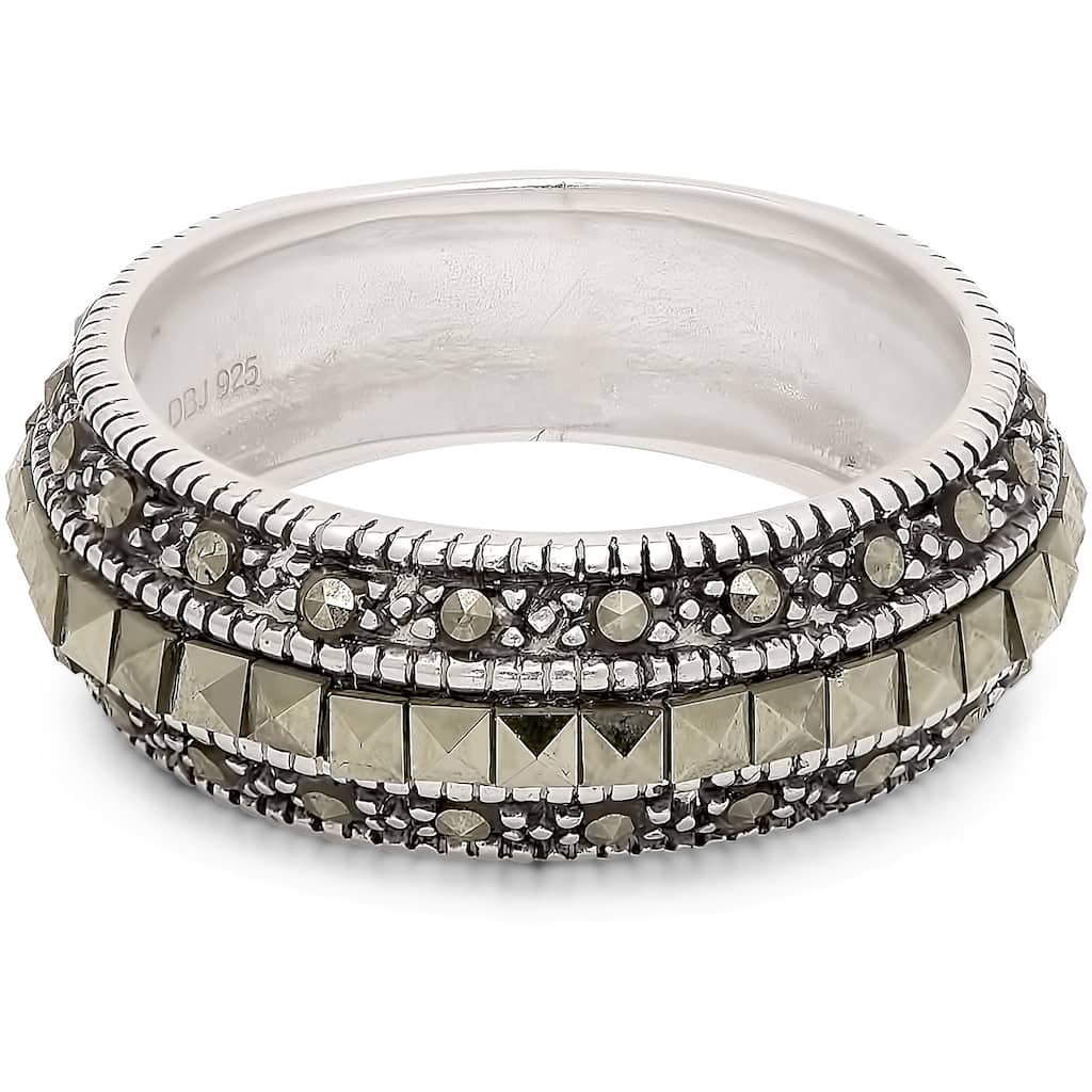 Dolce Giavonna Sterling Silver Marcasite Wedding Band - Green