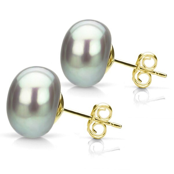 DaVonna 14k Gold Grey Freshwater Pearl Stud Earrings (10-11 mm)