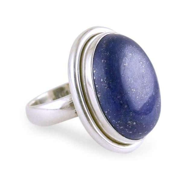 Universe Oval Cabochon Polished Lapis Lazuli Gemstone Set in 925 Sterling Silver Elegant Modern Womens Statement Ring (India)