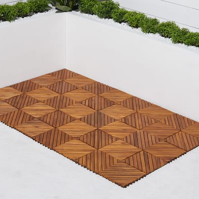 12 Diagonal Slat Acacia Interlocking Deck Tile (Teak Finish - Set of 10 Tiles)