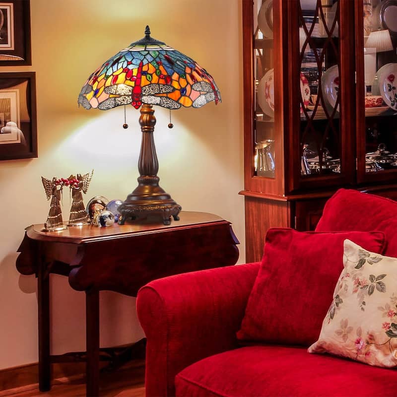 Tiffany-style 16" Red and Blue Dragonfly Table Lamp