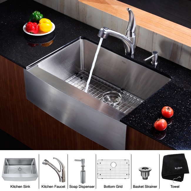 Kraus 30 Inch Farmhouse Single Bowl Stainless Steel Kitchen Sink With Pull Out Kitchen Faucet And Soap Dispenser