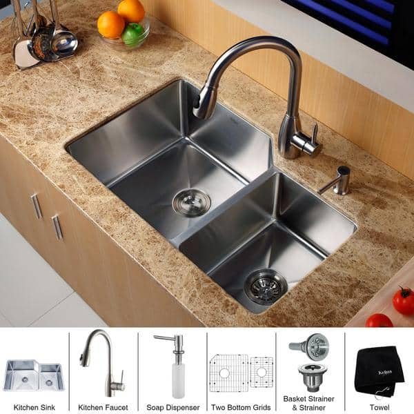 KRAUS 32 Inch Undermount Double Bowl Stainless Steel Kitchen Sink with Pull  Out Kitchen Faucet and Soap Dispenser - Bed Bath & Beyond - 4389953