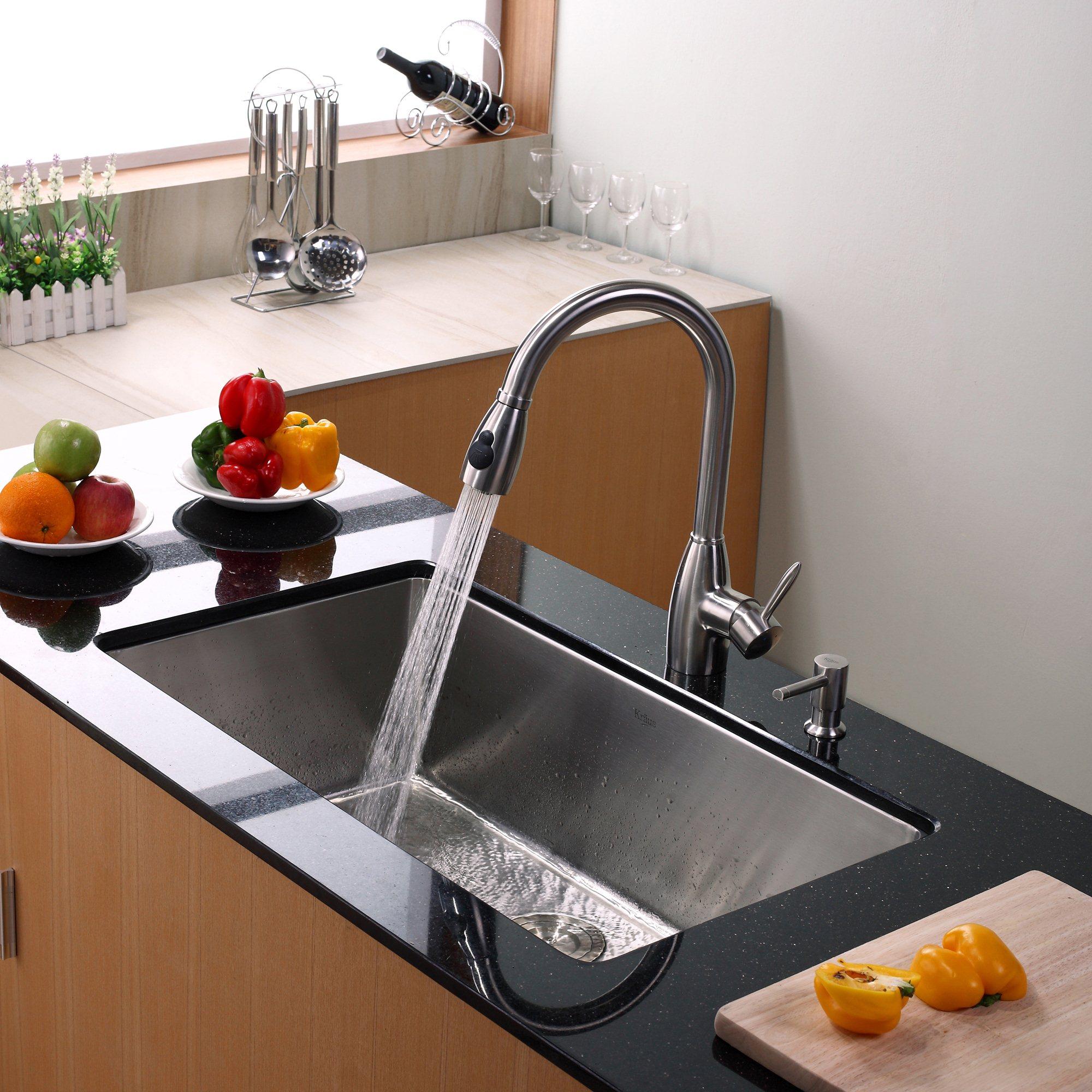 KRAUS 33 Inch Undermount Double Bowl Stainless Steel Kitchen Sink with  Kitchen Bar Faucet and Soap Dispenser - Bed Bath & Beyond - 4389944