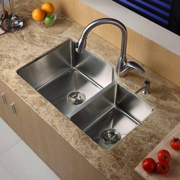 Kraus 32 Inch Undermount Double Bowl Stainless Steel Kitchen Sink With Kitchen Faucet And Soap Dispenser In Stainless Steel Overstock 4370542