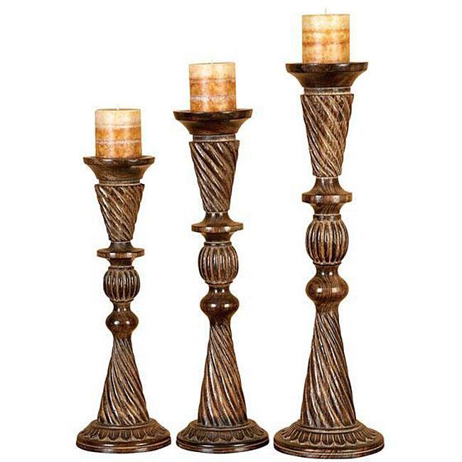 Handcrafted Carved Wood Pillar Candle Holders (Set of 3)