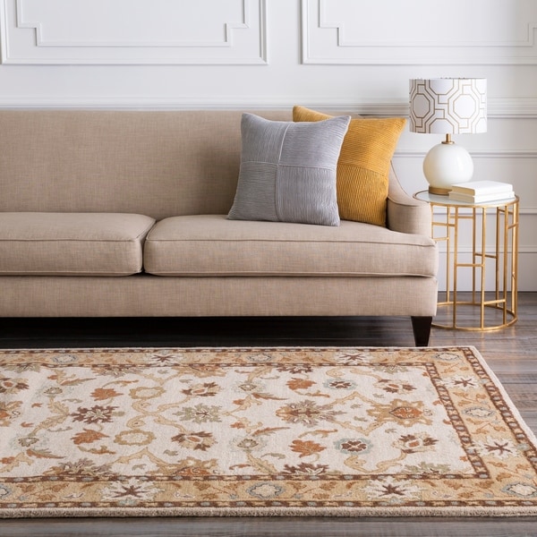 Hand-tufted Traditional Coliseum Vanilla Floral Border Wool Area Rug - 9' x 12'