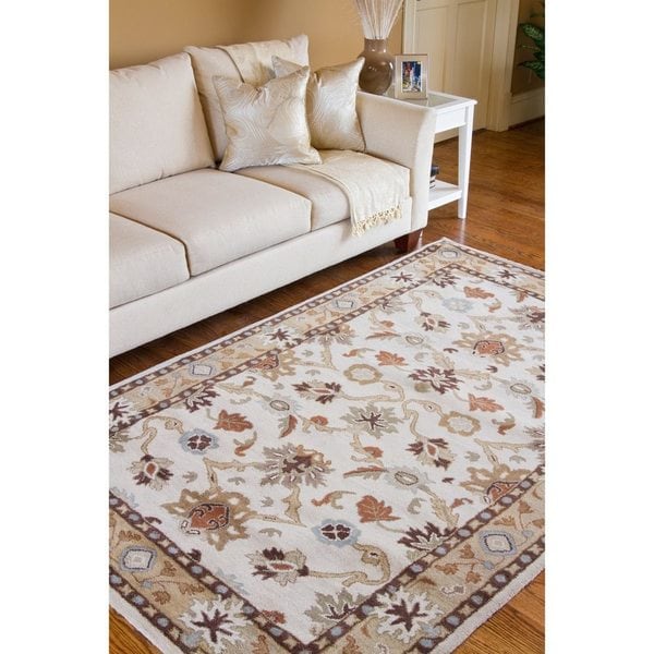 Hand-tufted Traditional Coliseum Vanilla Floral Border Wool Area Rug (9' x 12')
