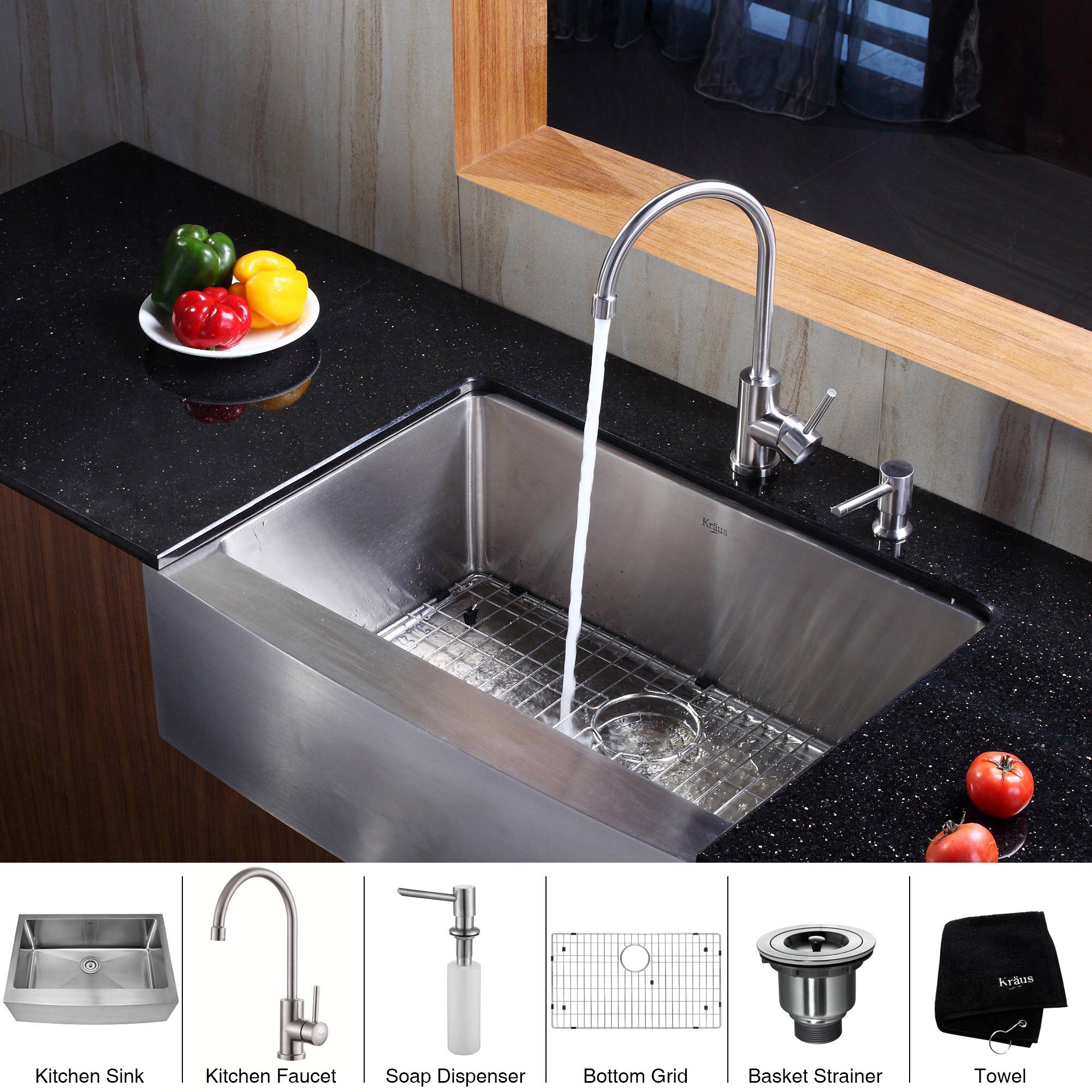 Kraus KHF20033KPF1602KSD30CH 33 Inch Farmhouse Single Bowl Stainless Steel  Sink with Spiral Spring Faucet, Soap Dispenser, 10 Inch Bowl Depth, Rear-Set  Drain and Scratch Resistant Satin Finish Sink