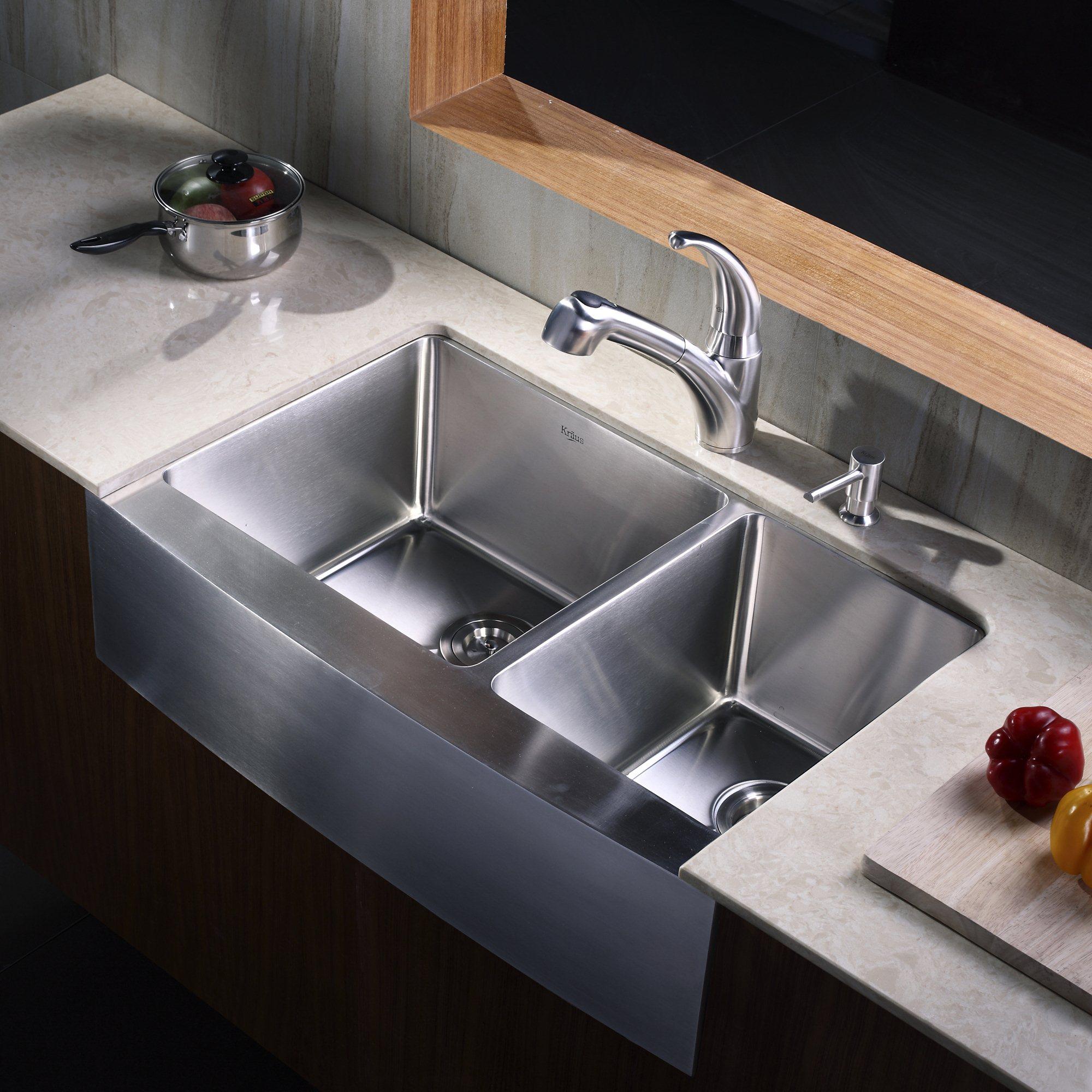 KRAUS 33 Inch Undermount Double Bowl Stainless Steel Kitchen Sink with  Kitchen Bar Faucet and Soap Dispenser - Bed Bath & Beyond - 4389944