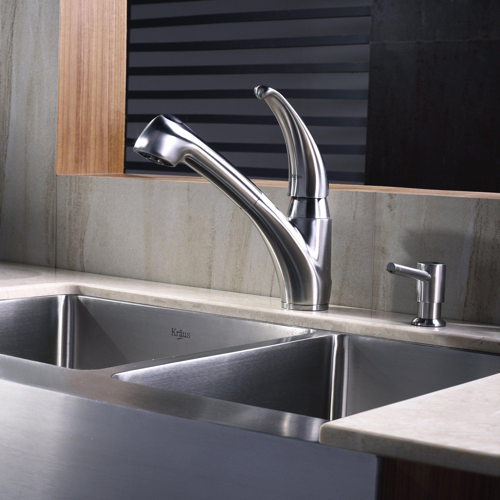 KRAUS 33 Inch Undermount Double Bowl Stainless Steel Kitchen Sink with  Kitchen Bar Faucet and Soap Dispenser - Bed Bath & Beyond - 4389944