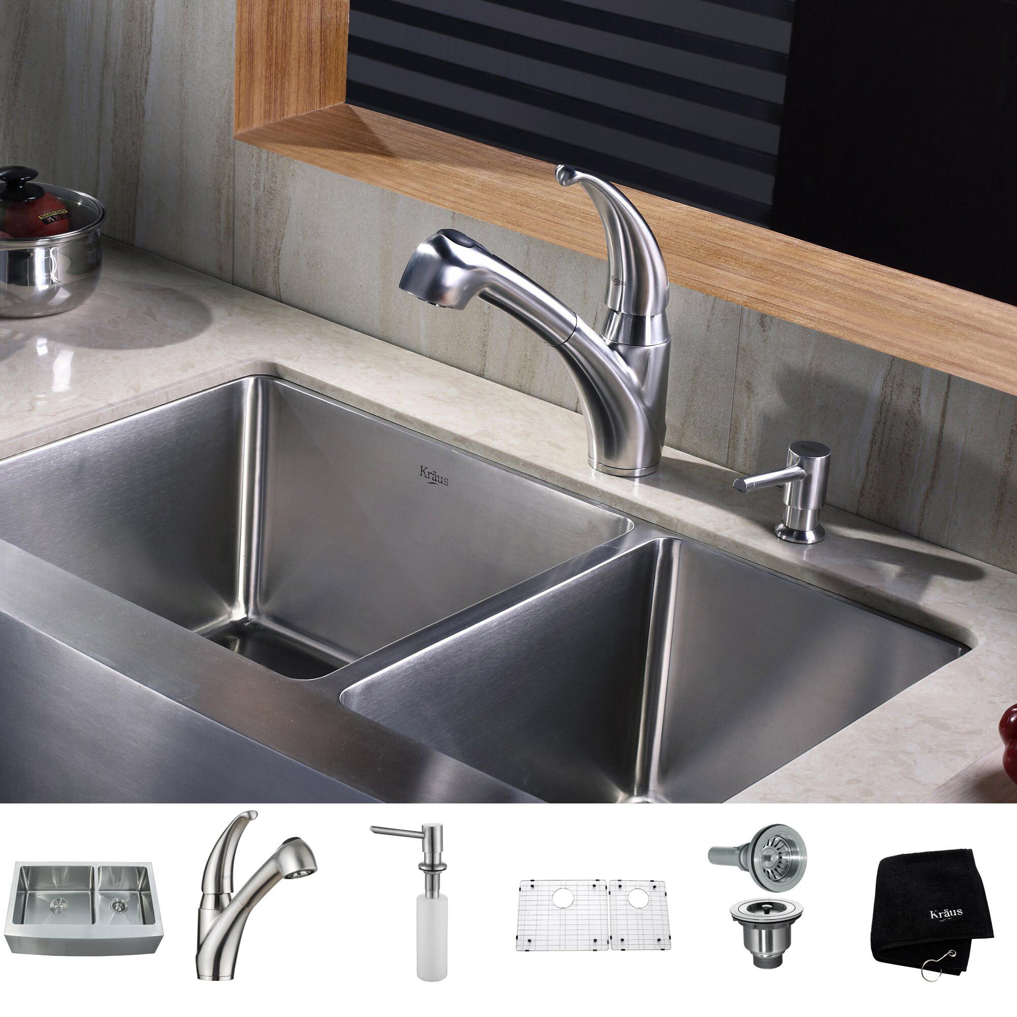 KRAUS 33 Inch Undermount Double Bowl Stainless Steel Kitchen Sink with  Kitchen Bar Faucet and Soap Dispenser - Bed Bath & Beyond - 4389944