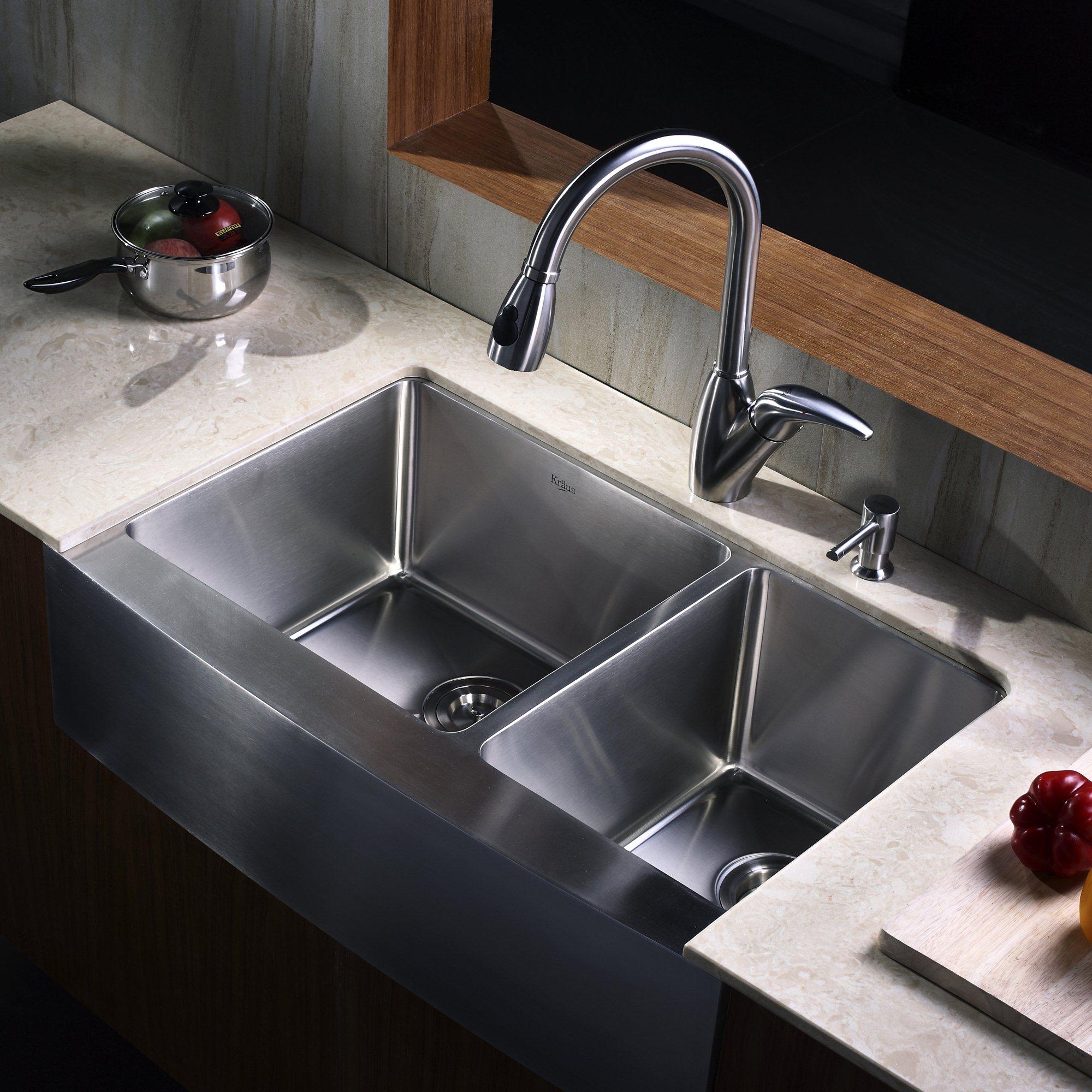 KRAUS 33 Inch Undermount Double Bowl Stainless Steel Kitchen Sink with  Kitchen Bar Faucet and Soap Dispenser - Bed Bath & Beyond - 4389944