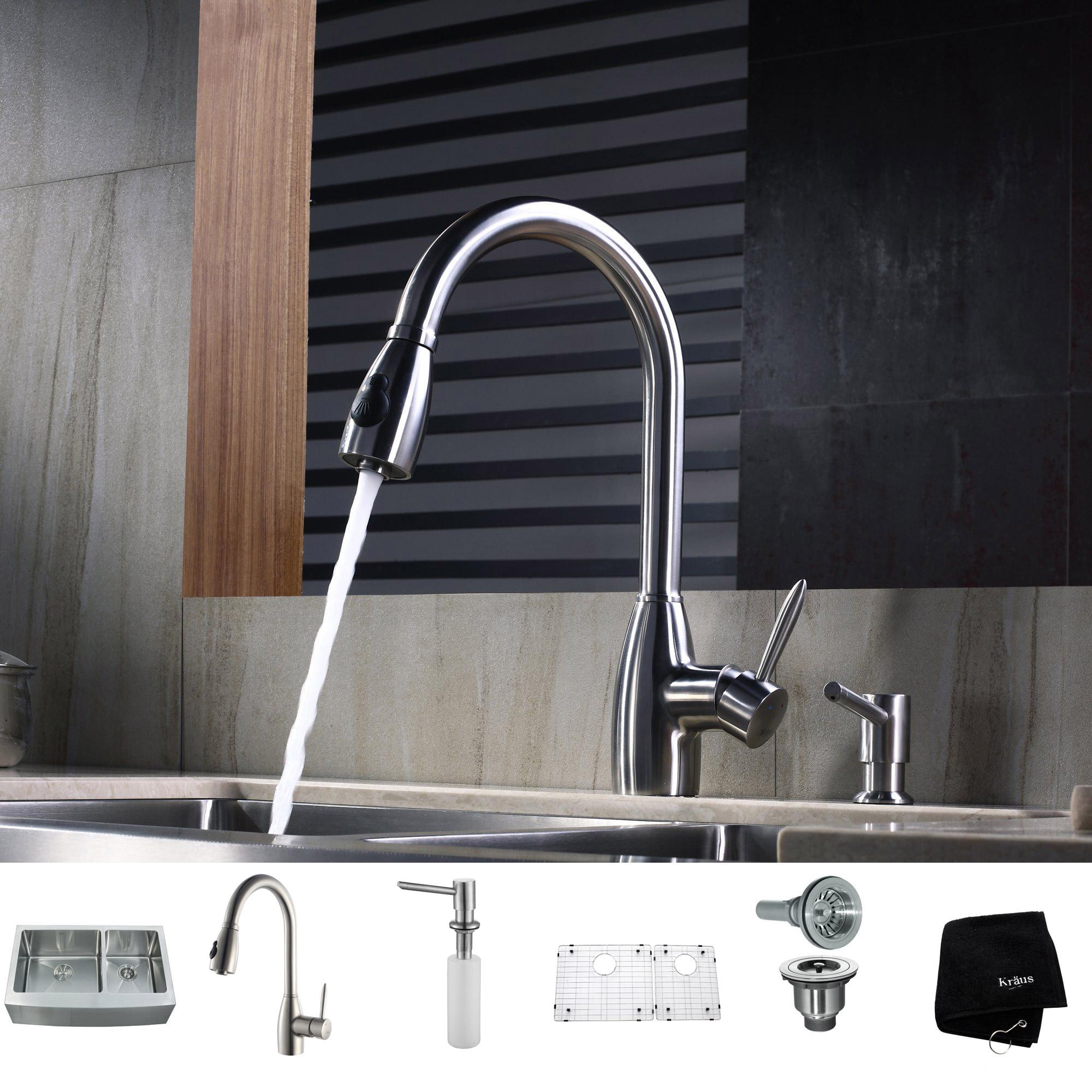 KRAUS 36 Inch Farmhouse Single Bowl Stainless Steel Kitchen Sink with  Kitchen Faucet and Soap Dispenser in Stainless Steel - Bed Bath & Beyond -  4389932