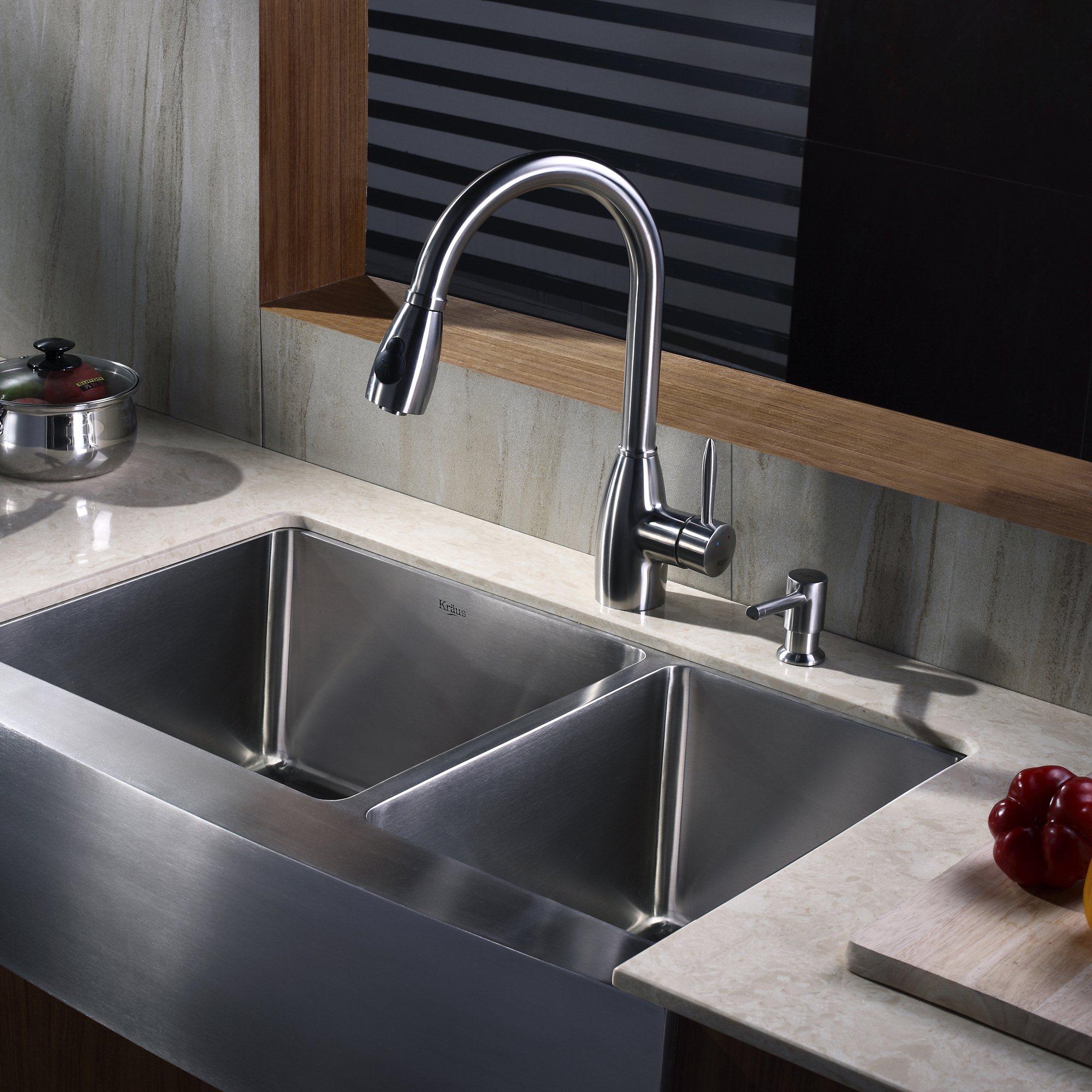 KRAUS 33 Inch Undermount Double Bowl Stainless Steel Kitchen Sink with  Kitchen Bar Faucet and Soap Dispenser - Bed Bath & Beyond - 4389944