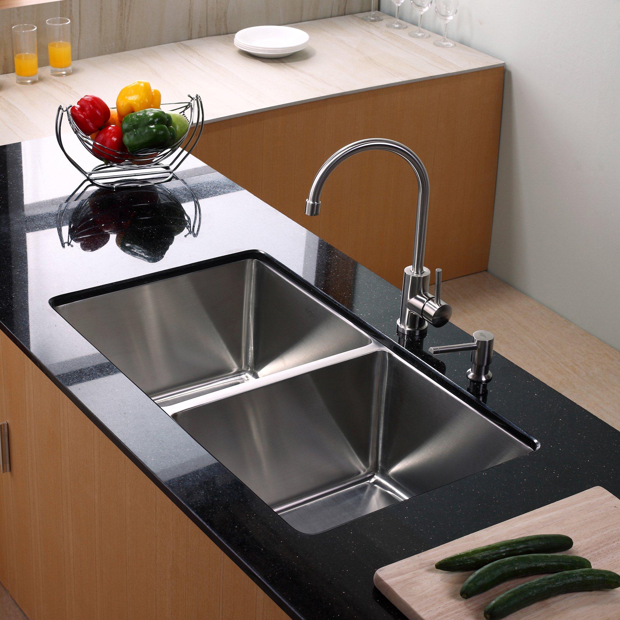 KRAUS 32 Inch Undermount Double Bowl Stainless Steel Kitchen Sink with Pull  Out Kitchen Faucet and Soap Dispenser - Bed Bath & Beyond - 4389953